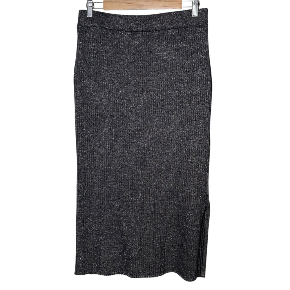 Jaclyn Smith Ribbed Knit Metallic Gold Black Pull-On Midi Skirt Size M Side Slit